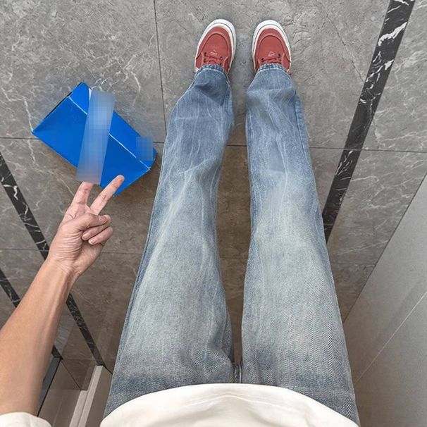 Vintage Blue Lightning Wash Jeans – Slim Fit Straight Leg With Subtle Flare For Men (S-Xxxl) Fashion Trends_mkmklike.com
