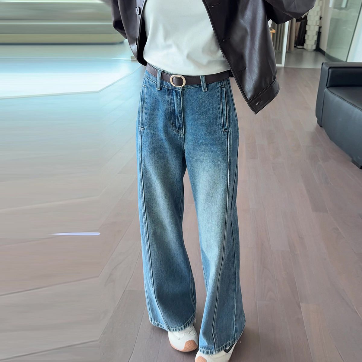 Women's Clothing Retro Blue Wide Leg Jeans High Waisted Slimming Loose Fit Versatile Straight Leg Curved Trousers For Women Autumn_mkmklike.com