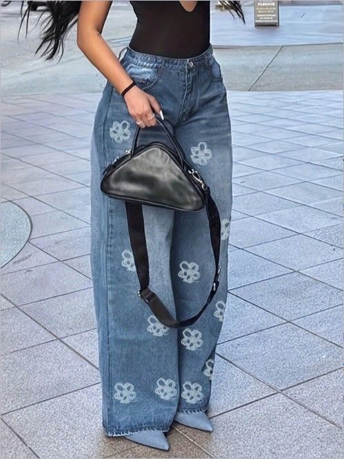 Women's Floral Print Denim Pants – High-Stretch Cotton, Relaxed Fit, Boho-Chic Streetwear (S-XXL, Mid-Rise, Classic Blue Wash)_mkmklike.com