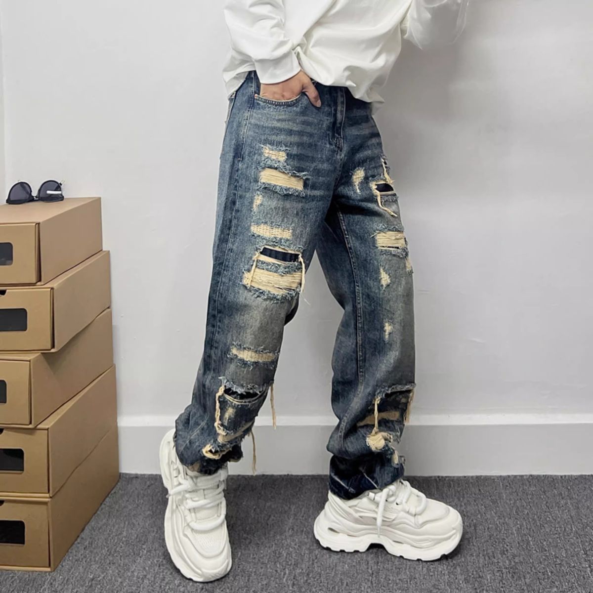 Men's Clothing Men's Distressed Patched Jeans Casual Edgy Straight Leg Loose Fit Trendy High Street Style For Formal & Casual_mkmklike.com