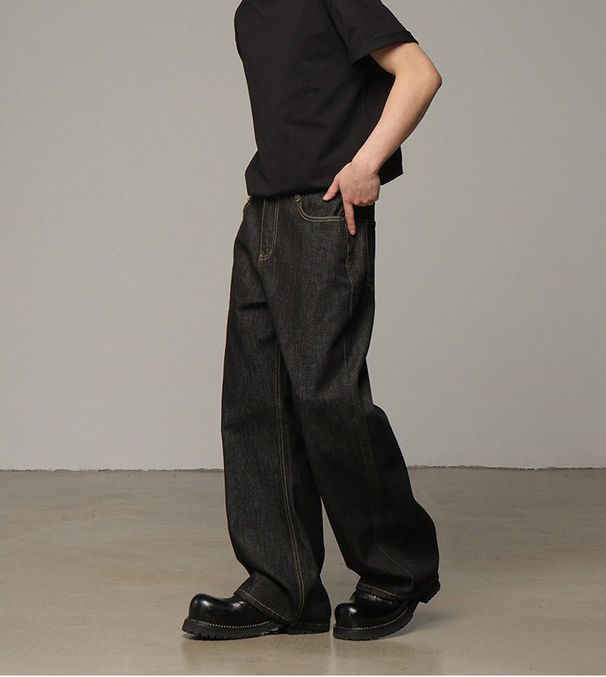 New Men's Jeans, Trendy Brand, Washed Retro Straight Leg Loose Wide-leg Trousers_mkmklike.com