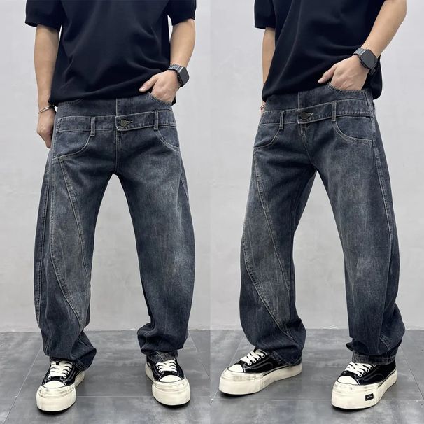 Men's Distressed Patchwork Jeans | 90s Vintage Washed Denim | Asymmetrical Raw Hem | Relaxed Straight Fit | Y2K Streetwear Revival_mkmklike.com