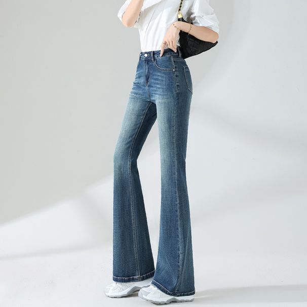 Vintage Blue Flared Jeans For Women - High Waist Slim Fit Bootcut Pants With Stretch, Retro Style For Casual & Office Wear_mkmklike.com