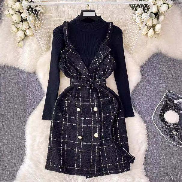 Women's Clothing fashion retro celebrity style double breasted waist suspender dress with knitted sweater suit skirt_mkmklike.com