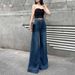 Women's Clothing High Waist Wide Leg Jeans - Stretchy Retro Blue Flared Trousers With Vintage Wash & Floor-Length Design_mkmklike.com