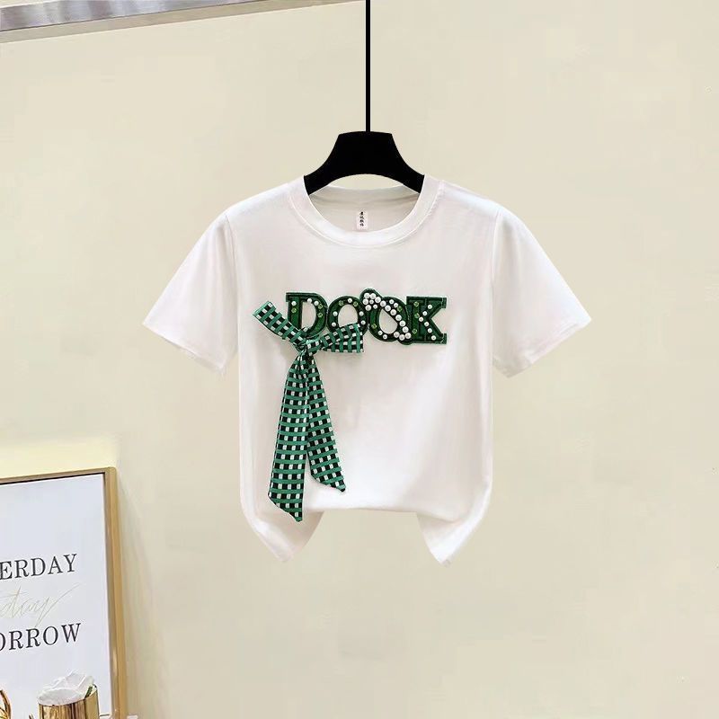 Women's Clothing fashion color matching embroidery short-sleeved T-shirt raw edge hip-wrapped A-line high waist denim skirt_mkmklike.com