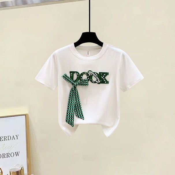 Women's Clothing fashion color matching embroidery short-sleeved T-shirt raw edge hip-wrapped A-line high waist denim skirt_mkmklike.com