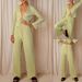 Women's fashion sexy deep V cardigan long sleeve pajamas two-piece set_mkmklike.com