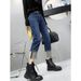 Women's Clothing new large size trousers chain letter straight pants high waist slim all match jeans _mkmklike.com