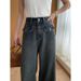 Vintage Blue High-Waisted Wide-Leg Jeans For Women - Distressed Denim With Raw Hem & Utility Pockets - Comfortable Cotton Trousers For Casual_mkmklike.com