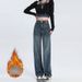 Women's High-Waisted Flared Jeans - Vintage Wide-Leg Fleece-Lined Denim Pants With Raw Hem & Retro Wash_mkmklike.com