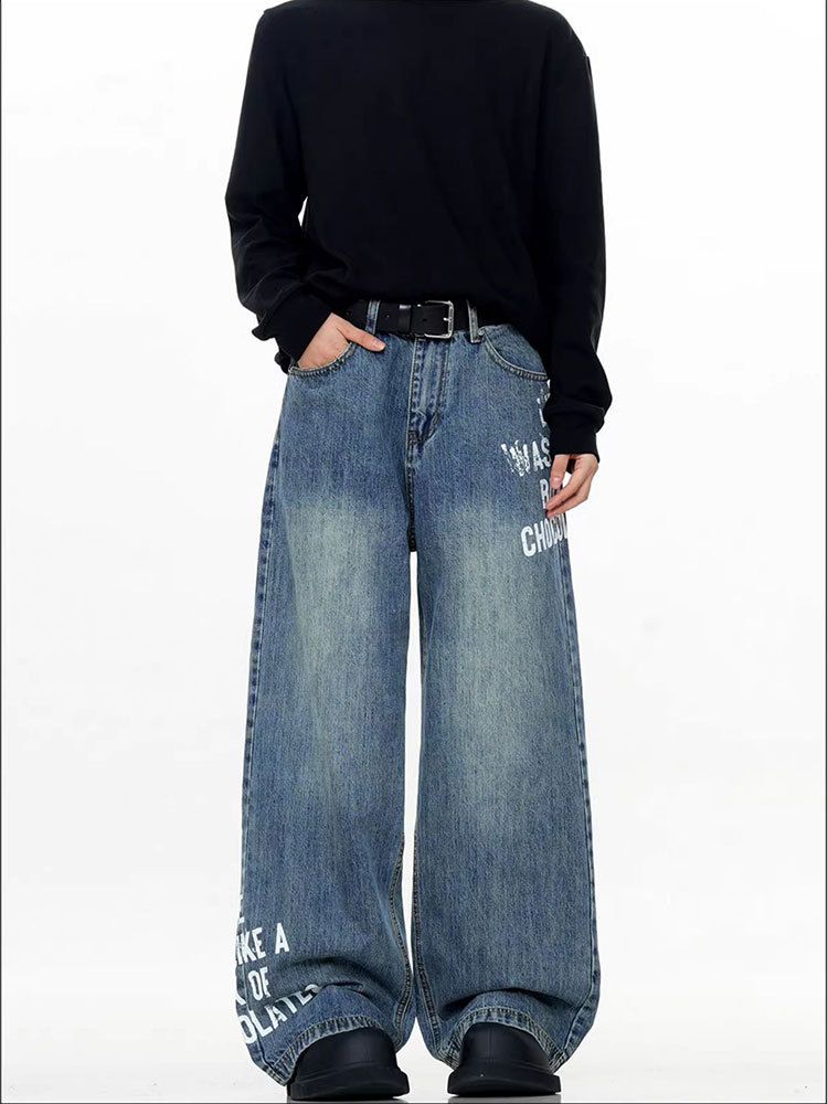 Vintage Washed Denim Jeans For Men - Retro With Printed Letters, Loose Fit, Streetwear Casual Pants_mkmklike.com