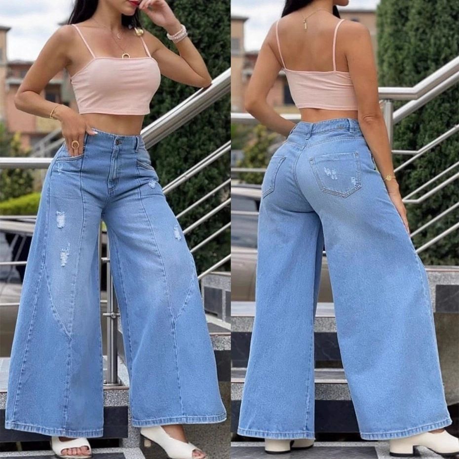 High-Waisted Flared Jeans For Women | Vintage Washed Denim Pants With Stretch – Slimming Wide-Leg Design For Casual & Chic Style (XS-XL)_mkmklike.com