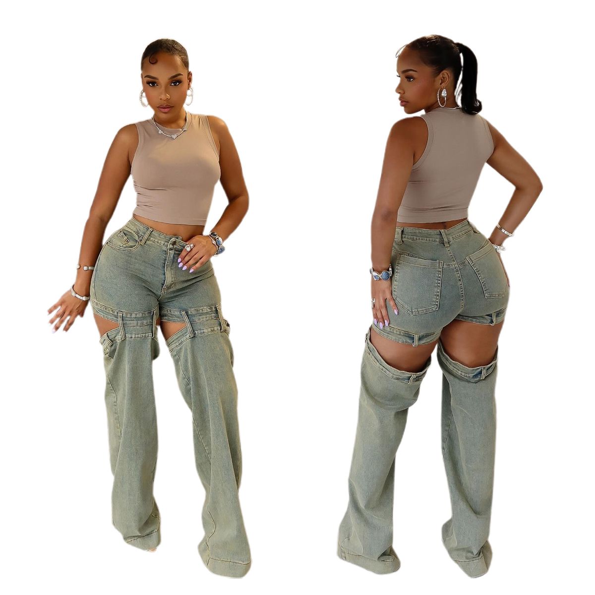 European And American Style Women's Straight Leg Jeans Retro Washed Hollowed out Denim Street Fashion Cross Border Clothing for Women_mkmklike.com