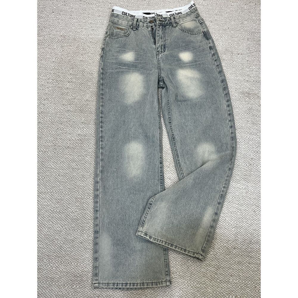 Vintage Light Blue Distressed Patchwork Jeans High Waist Loose Wide-Leg Classic Denim Retro Style Women's Pants S-XL_mkmklike.com
