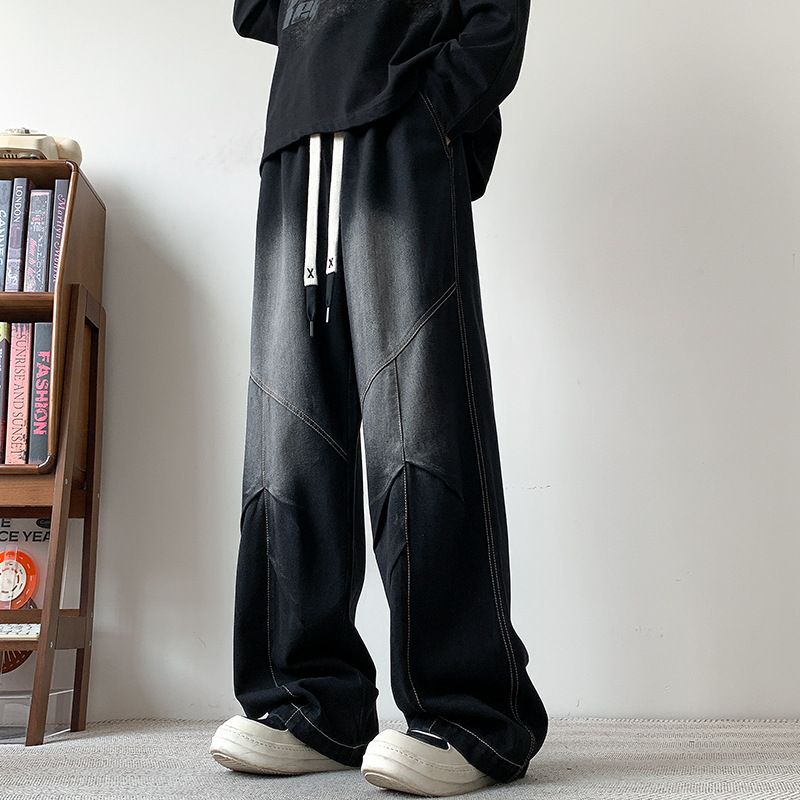 Men's Deconstructed Drawstring Jeans Straight Leg Loose Fit Wide Leg Casual Long Pants American High Street Style Trendy Versatile_mkmklike.com