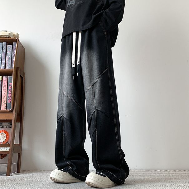 Men's Deconstructed Drawstring Jeans Straight Leg Loose Fit Wide Leg Casual Long Pants American High Street Style Trendy Versatile_mkmklike.com