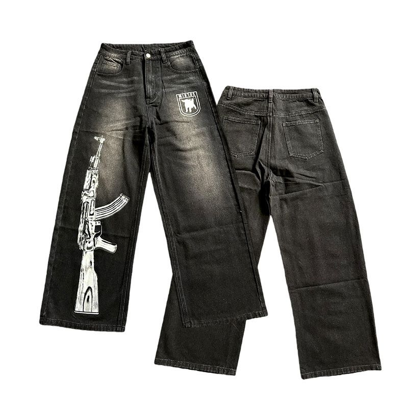 Streetwear Vintage Washed Jeans – Gun Print Distressed Denim | Loose Fit Straight Leg | High Waist | S-XL_mkmklike.com