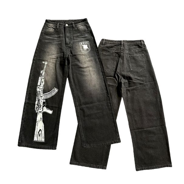 Streetwear Vintage Washed Jeans – Gun Print Distressed Denim | Loose Fit Straight Leg | High Waist | S-XL_mkmklike.com