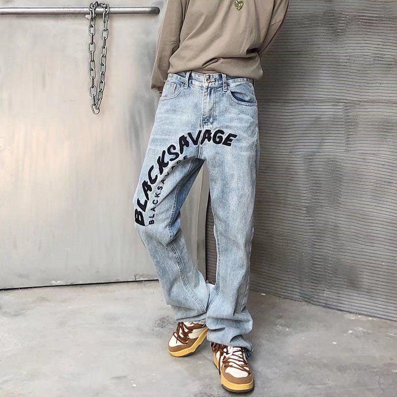 Men's Clothing Vintage Washed Denim Jeans With Letter Embroidery - American Hip Hop Straight Loose Fit High Street Pants For Men And Women_mkmklike.com
