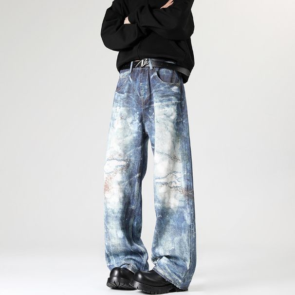 Suitable For All Seasons Straight-Leg Jeans Washed Light Blue Men's Casual Denim Pants_mkmklike.com