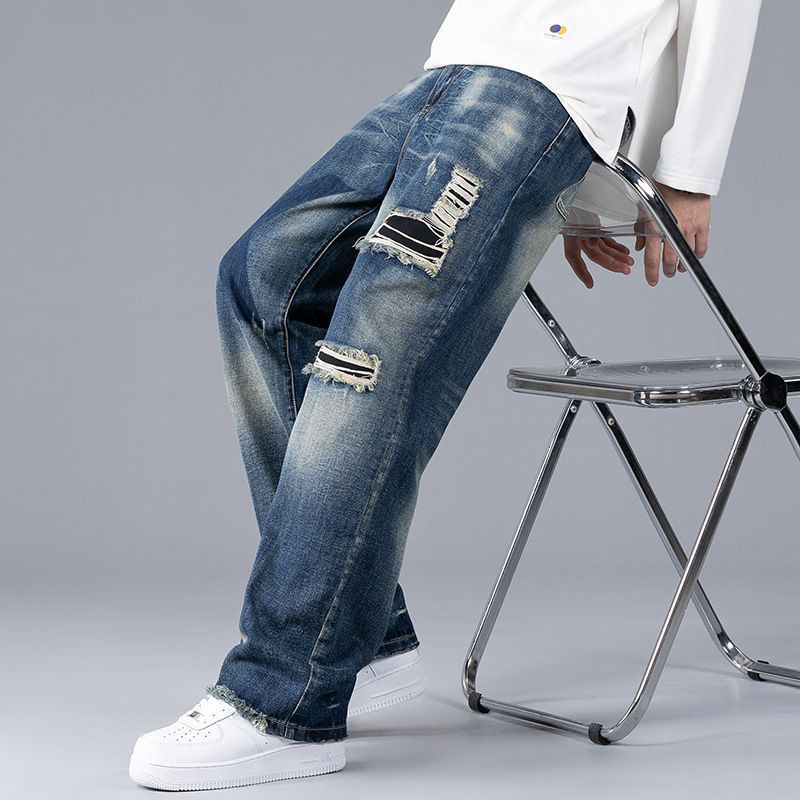Men's Autumn New Ripped Jeans Patch Loose Straight Wide Leg Trendy Casual Men's Pants_mkmklike.com