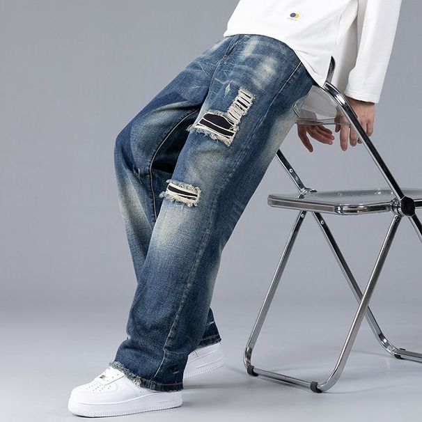 Men's Autumn New Ripped Jeans Patch Loose Straight Wide Leg Trendy Casual Men's Pants_mkmklike.com