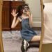 ELLE ELLE Vintage Denim Strap For Women 2025 Summer A-Line Loose Slimming New Basic Age-Reducing Short Dress_mkmklike.com