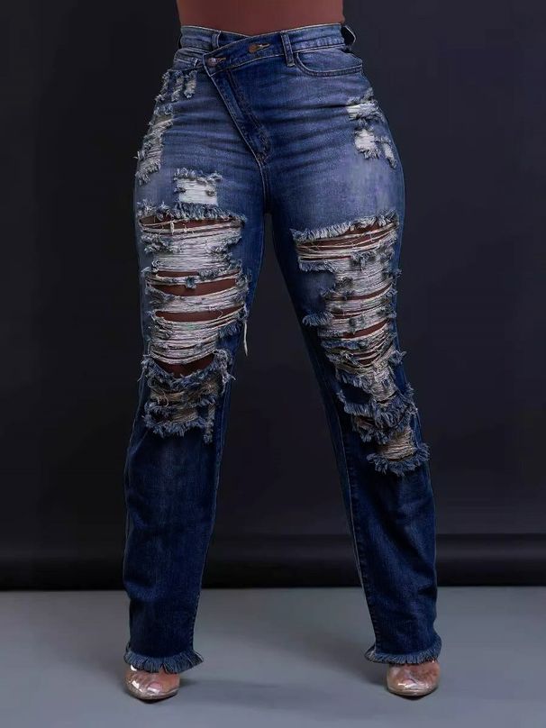 "Women's Distressed Fringe Hem Straight Leg Jeans – Stretch Denim With Unique Waistband, Comfortable & Stylish Fall Winter Trousers"_mkmklike.com