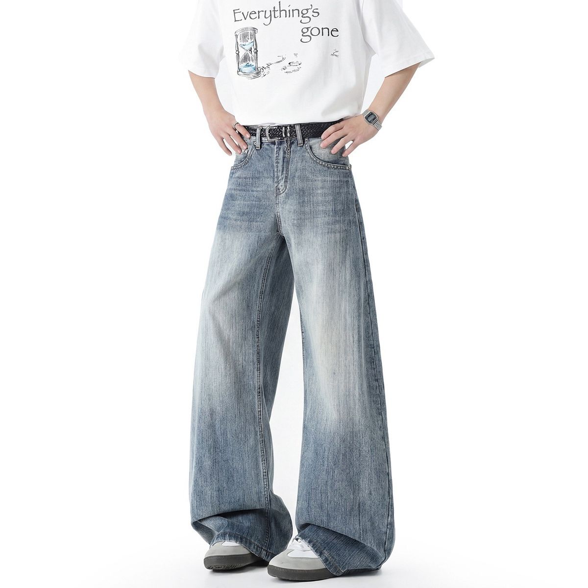 Washed And Made Old Bamboo Scimitar Jeans, The Same For Men And Women, American Loose Straight Versatile Pants, Drape Wide-leg Pants_mkmklike.com