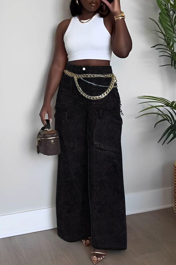 Women's Clothing Spring/Summer Denim Straw Wash Workwear Jeans With Pockets Regular Fit Solid Pattern_mkmklike.com
