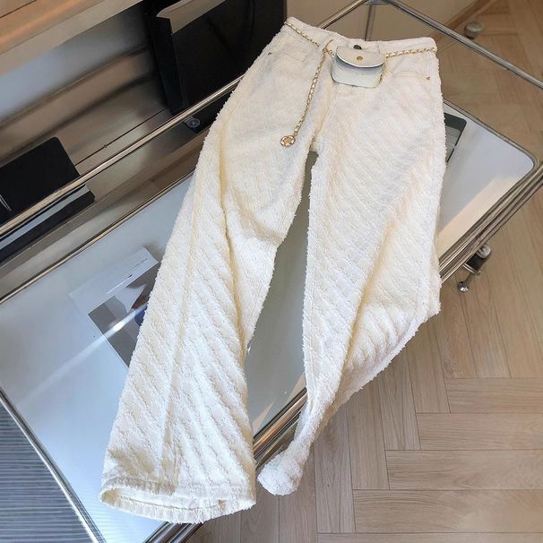 Fashion Checkered White Straight Leg Jeans For Women - Loose Fit High Waist Wide Leg Trousers With Flowy Hem_mkmklike.com