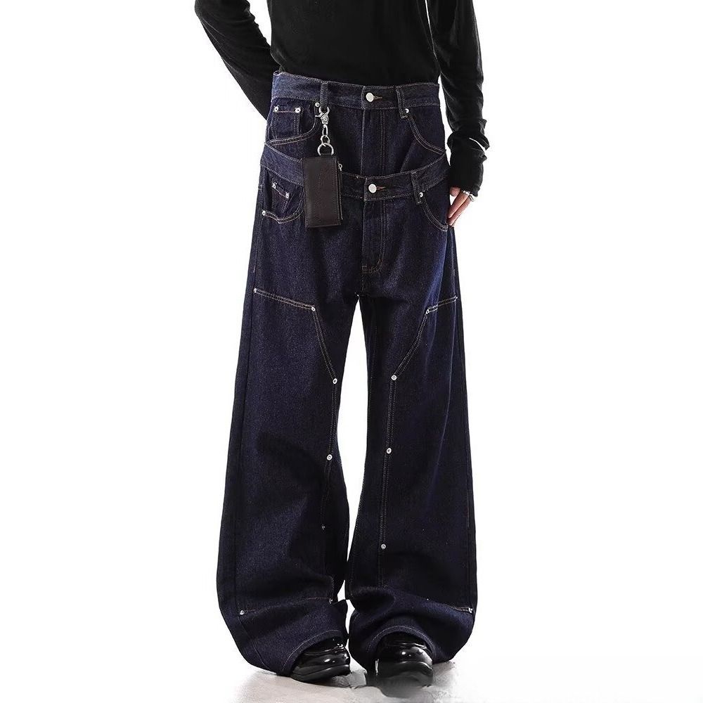 Men's Clothing Double-Waistband Raw Denim Jeans – Distressed Blue Workwear Pants With Rivets & Loose Straight Fit, Unisex Carpenter Style Trousers_mkmklike.com