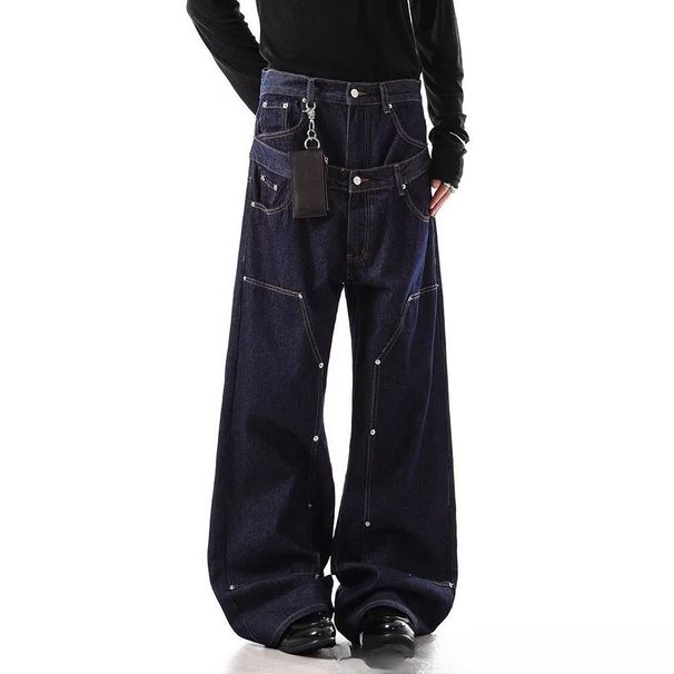 Men's Clothing Double-Waistband Raw Denim Jeans – Distressed Blue Workwear Pants With Rivets & Loose Straight Fit, Unisex Carpenter Style Trousers_mkmklike.com