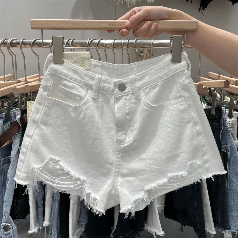 Trendy Light Colored Denim Shorts for Women Thin Loose Fit plus Size Frayed Edges Wide Leg a Line Hot Pants Summer Wear_mkmklike.com