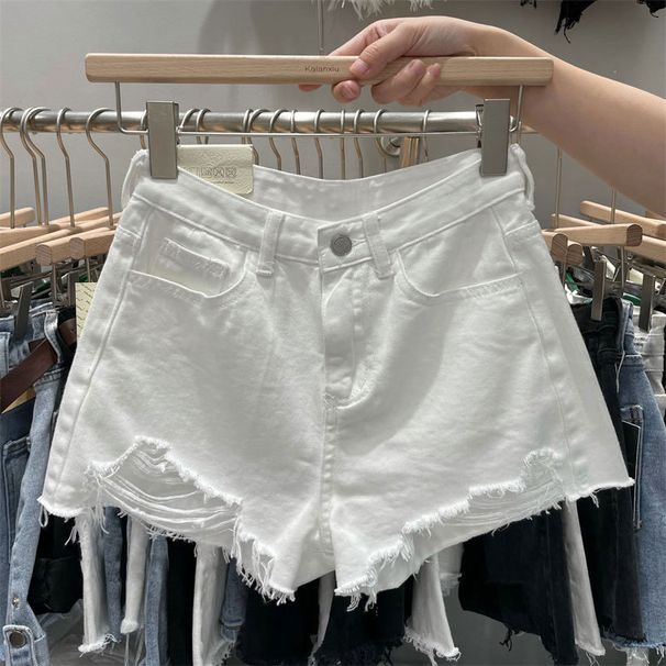 Trendy Light Colored Denim Shorts for Women Thin Loose Fit plus Size Frayed Edges Wide Leg a Line Hot Pants Summer Wear_mkmklike.com