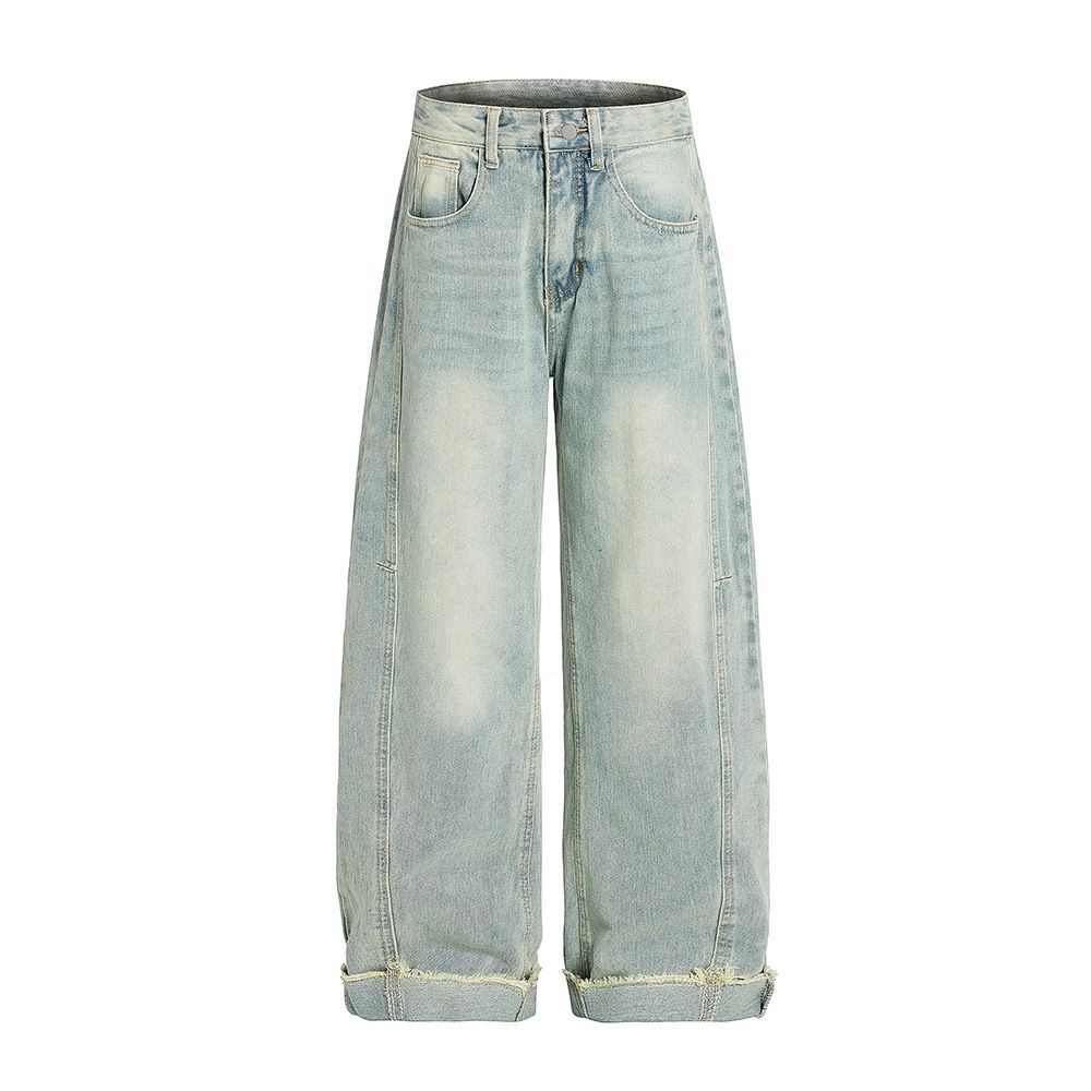 Punk Faded Washed Curled Hem Oversized Jeans For Men Trendy Distressed Frayed Cuffed Loose Wide-Leg Pants_mkmklike.com