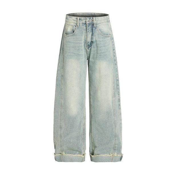 Punk Faded Washed Curled Hem Oversized Jeans For Men Trendy Distressed Frayed Cuffed Loose Wide-Leg Pants_mkmklike.com