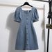 Korea Versio Plus Size Fat Mm Casual Simple Commutig Mid Legth Deim Wash Top Short Sleeved Dress For Wome's_mkmklike.com