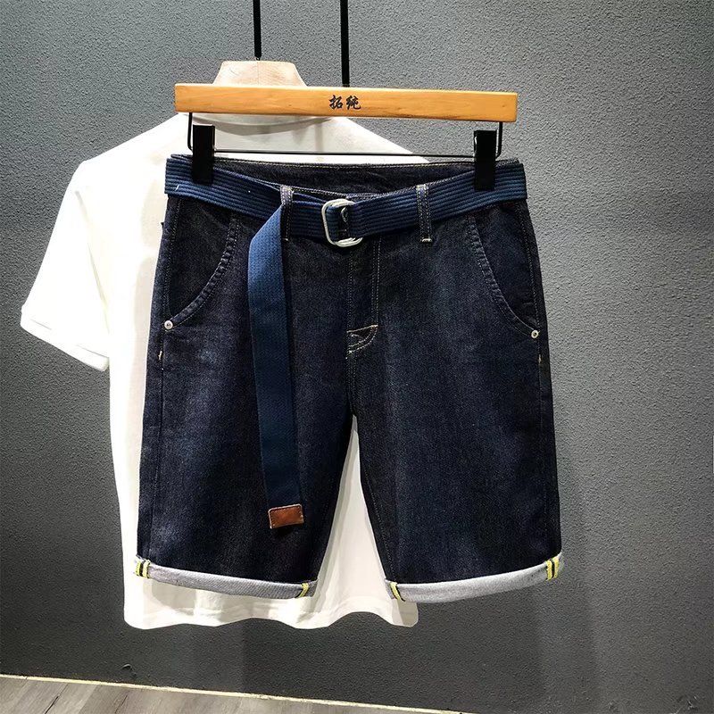 Men's Slim Fit Blue Denim Shorts Non-Stretch Casual Five Point Pants Mid Length Trendy Brand Washed Solid Color Summer Thin_mkmklike.com