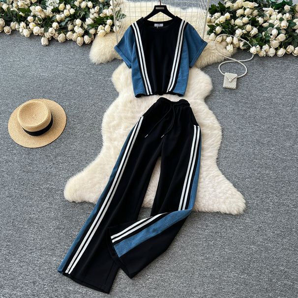 Casual Wear Women's Summer Fashion Contrast Color Striped Edge Short Sleeved Tops High Waist Denim Stitching Wide Leg Long_mkmklike.com