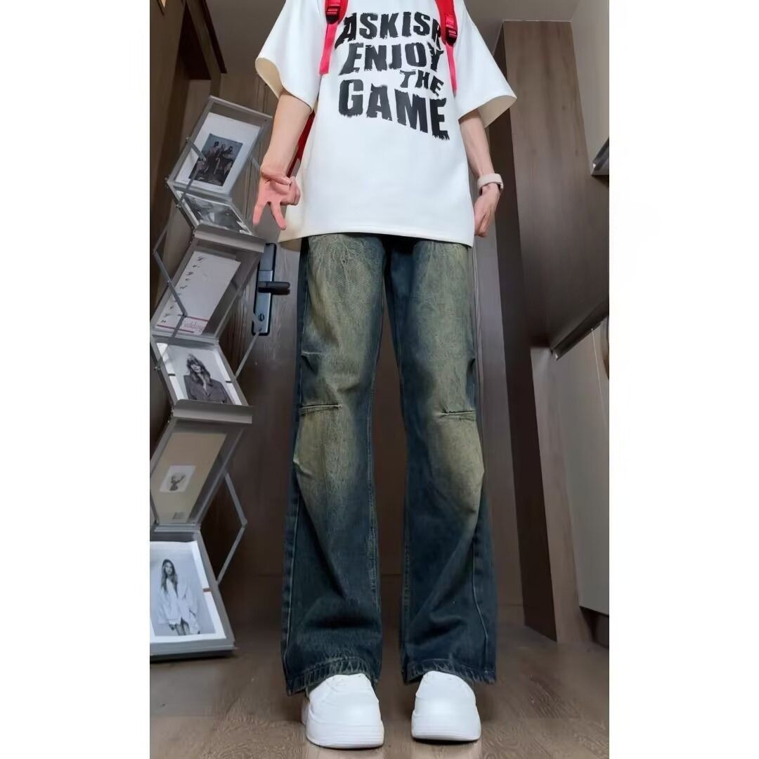 Retro Distressed Jeans For Men – Vintage-Inspired High Street Flare With Lightning Wash & Relaxed Fit_mkmklike.com