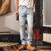 Light Blue Men's Straight Leg Jeans Mid Waist Loose Fit Casual Long Pants Slight Stretch Machine Washable Trendy Autumn Style_mkmklike.com