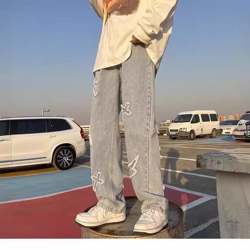 Men's Trendy Hip Hop Jeans American Style High Street Long Leg Pants Zipper Frayed Edges Patchwork Design Youthful Style_mkmklike.com