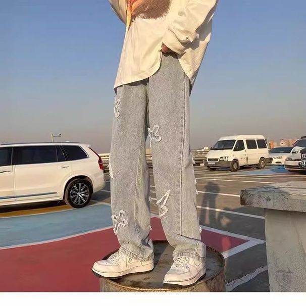 Men's Trendy Hip Hop Jeans American Style High Street Long Leg Pants Zipper Frayed Edges Patchwork Design Youthful Style_mkmklike.com
