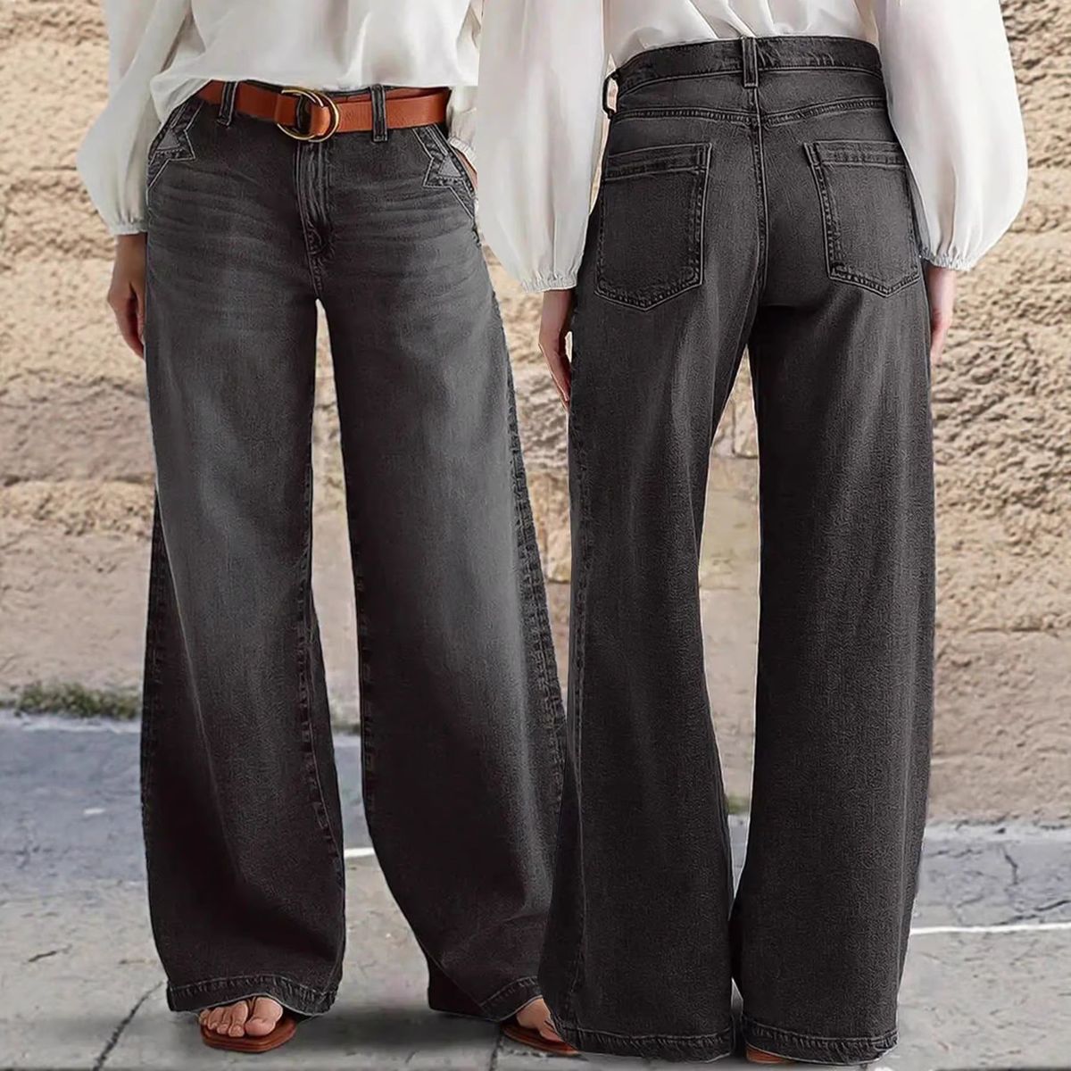 Women's Stretch mid Rise Wide Leg Jeans Casual Solid Color Straight Leg Denim for Spring/Autumn Summer Export to Europe And America_mkmklike.com