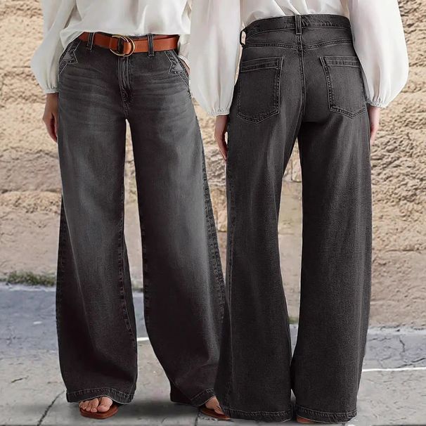 Women's Stretch mid Rise Wide Leg Jeans Casual Solid Color Straight Leg Denim for Spring/Autumn Summer Export to Europe And America_mkmklike.com