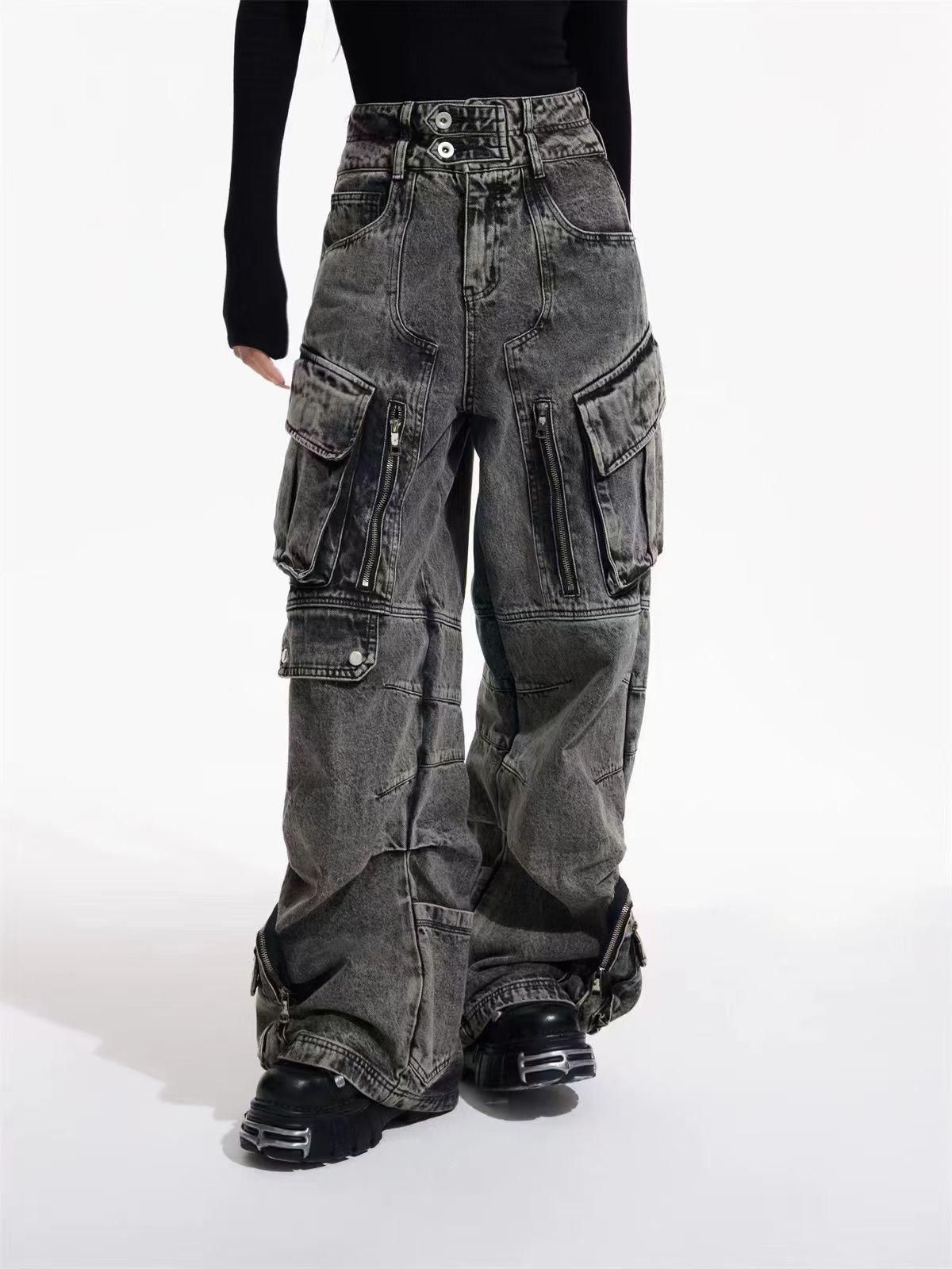 Men's Clothing Retro Distressed Washed Pocket Casual Overalls Design Straight Wide Leg Stacked Jeans_mkmklike.com