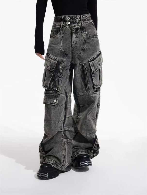 Men's Clothing Retro Distressed Washed Pocket Casual Overalls Design Straight Wide Leg Stacked Jeans_mkmklike.com