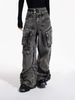 Men's Clothing Retro Distressed Washed Pocket Casual Overalls Design Straight Wide Leg Stacked Jeans_mkmklike.com